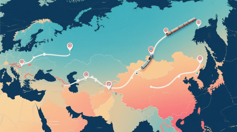 Map of Eurasian rail corridors for retail freight: Trans-Siberian and Middle Corridor Stylized map of Eurasia highlighting Trans-Siberian rail route and Middle Corridor for retail supply chain