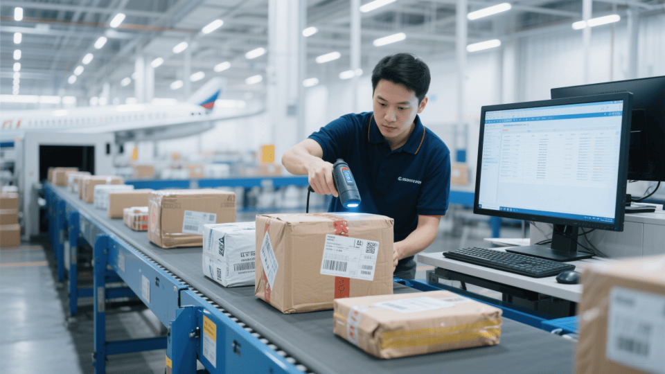 Warehouse worker scanning barcode on a shipping package, symbolizing bill of lading processing, tracking, and supply chain visibility