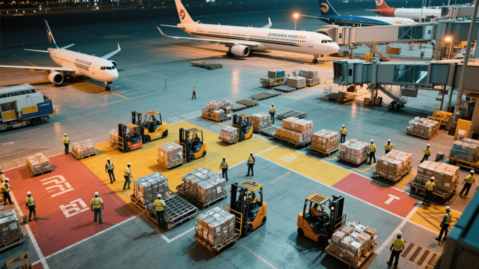 Airplane cargo hold being loaded with pallets, illustrating air freight logistics and bill of lading usage for air transport