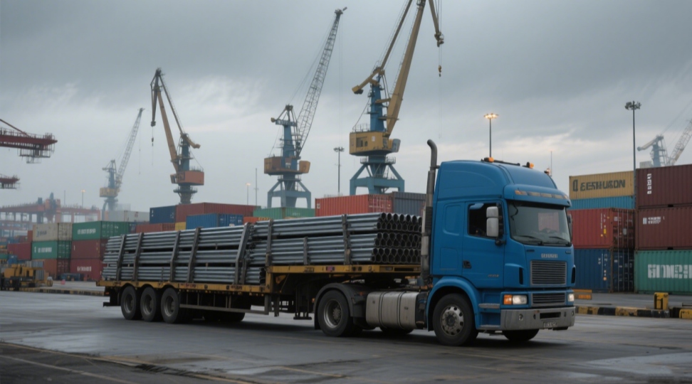 Flatbed truck loaded with steel beams at an international port