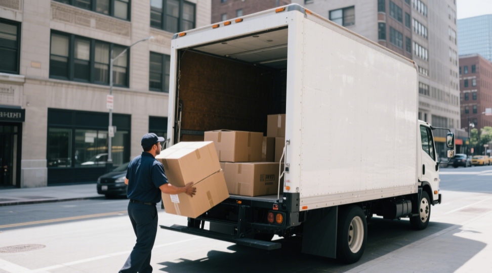 Medium box truck making a city delivery with liftgate Box truck making a city delivery with liftgate unloading