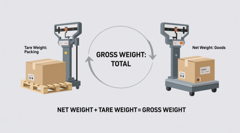 Scale Comparison: Net Weight vs Tare Weight = Gross Weight | DR Trans iagram comparing net weight (goods on scale) and tare weight (packaging on scale) adding up to gross weight (combined total). Illustrates the formula: Net Weight + Tare Weight = Gross Weight for shipping calculations.