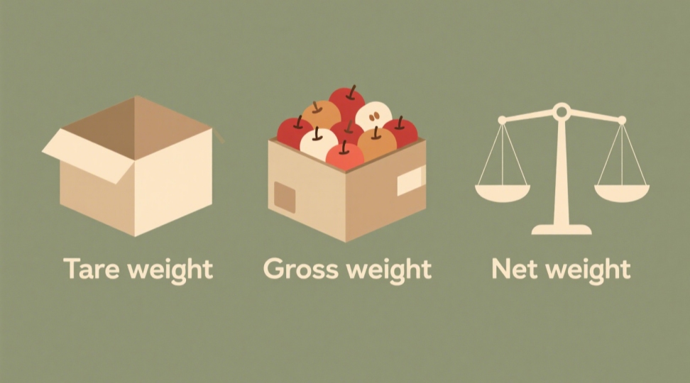 Visual Breakdown: Tare, Net & Gross Weight in a Shipping Container | DR Trans Infographic diagram showing the difference between tare weight (empty container), net weight (cargo only), and gross weight (total container load) in international shipping. Formula: Net Weight + Tare Weight = Gross Weight.