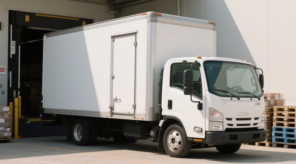 Standard box truck used for general cargo loading at DR Trans White box truck parked at a loading dock for cargo delivery