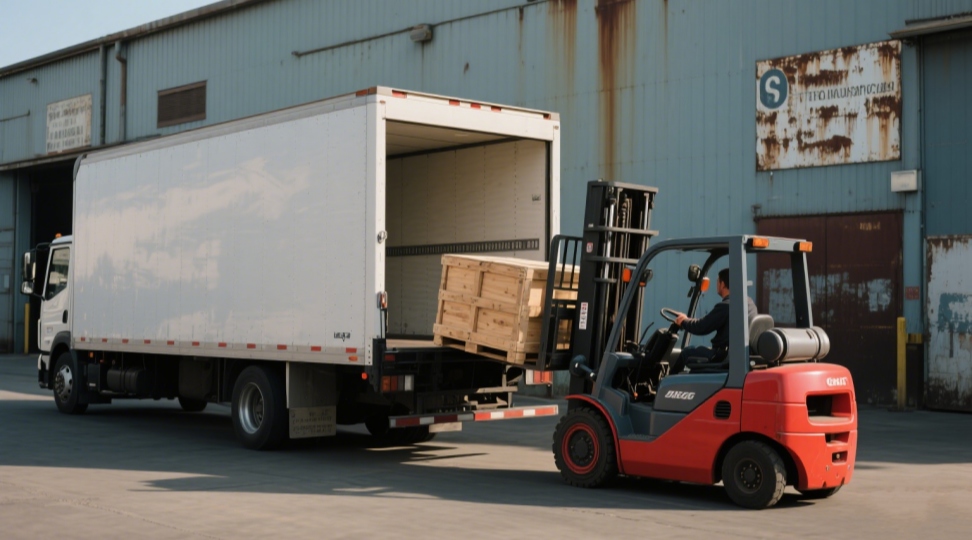 Flat-floor box truck for industrial equipment loading A flat-floor cargo truck, suitable for moving bulky equipment and crates in logistics warehouses.