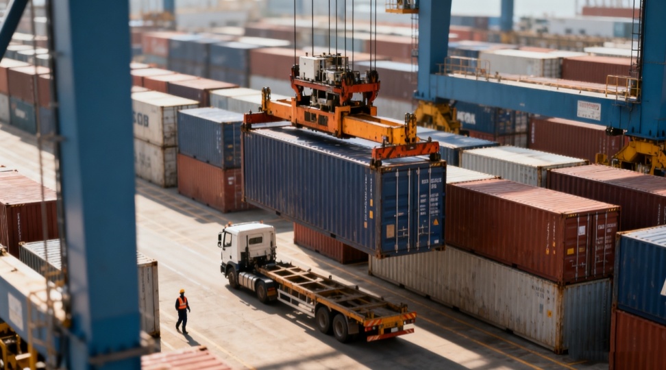 Private freight terminal next to an industrial port with dedicated rail spur and truck lanes.