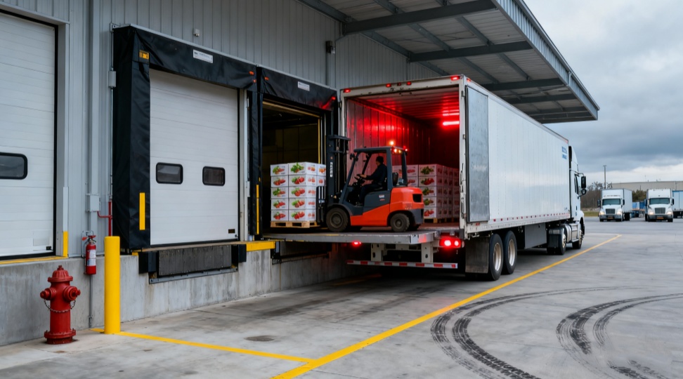 Food cold chain delivery Refrigerated truck delivering fresh food and beverages under temperature controlled shipping