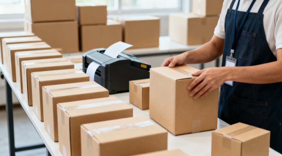 E-commerce vendor packing station with outgoing shipping boxes