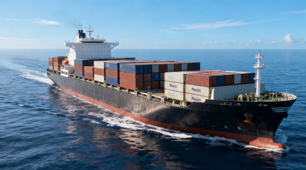 A large container vessel traveling across the Pacific, representing the main ocean freight route for shipping goods from Ningbo to Vancouver.