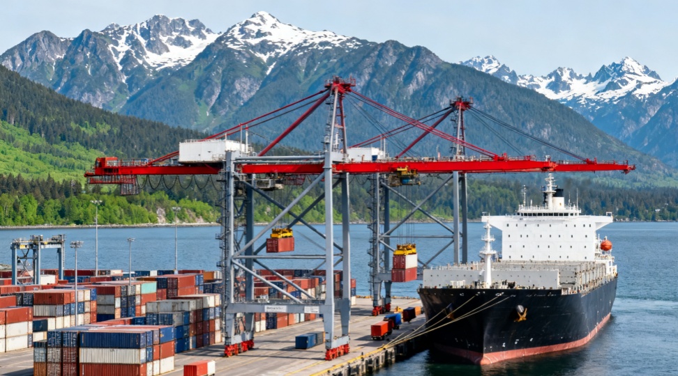 A realistic scene of Vancouver Port where containers from Ningbo shipments are unloaded and prepared for distribution across North America.