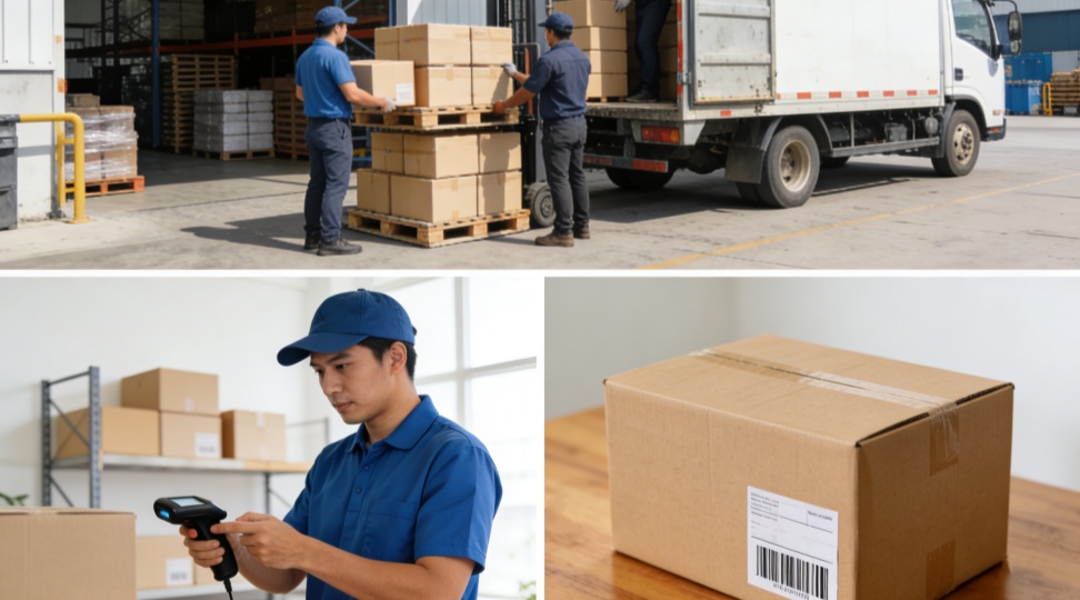 Small business logistics montage showing pallet loading, barcode scanning, and ecommerce packing - Benefits of LTL for small businesses