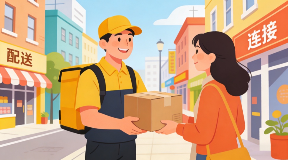 The film depicts heartwarming moments of couriers smiling as they deliver packages to customers on city streets, showcasing last-mile delivery and customer handover scenarios.