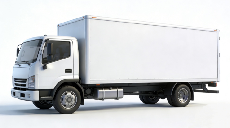 Straight Truck (Box Truck) Side View A modern white box truck (straight truck) isolated on a white background, side view.