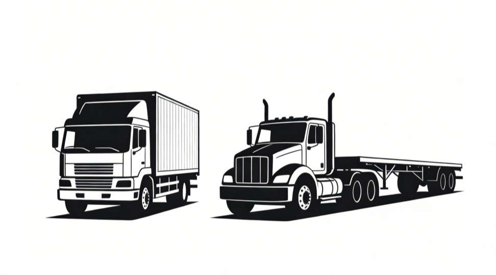 Difference Between a Straight Truck and a Tractor Trailer Side-by-side silhouette comparison of a straight truck (single unit) and a tractor-trailer (semi-truck with detached trailer).
