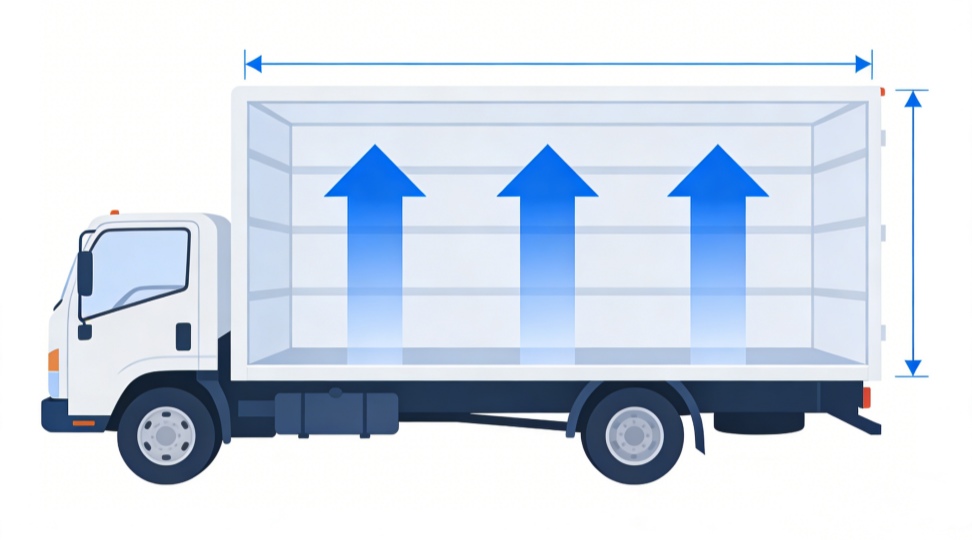Straight Truck Dimensions and Size Diagram Infographic illustration of a straight truck with arrows indicating key dimensions like cargo length, height, and overall vehicle length.