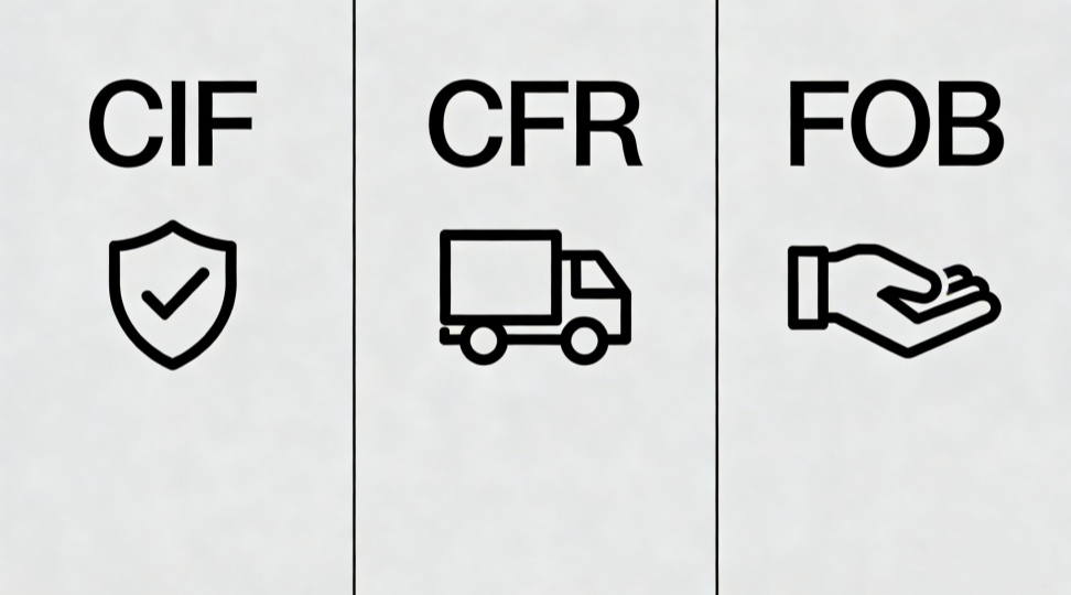 cif-cfr-fob-comparison Three-column icon comparison of CIF CFR and FOB shipping terms