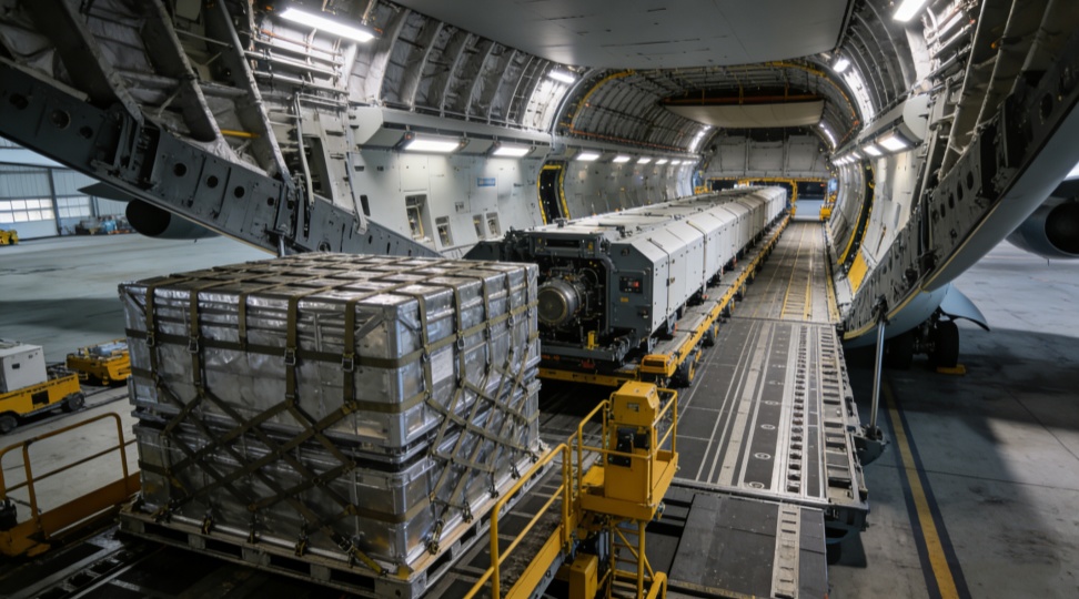 A wide-body freighter crosses the Eurasian continent during sunrise, representing the heavy cargo volume moving from Asia to Europe. This type of large freight aircraft dominates westbound lanes, carrying e‑commerce goods and automotive parts at high density.